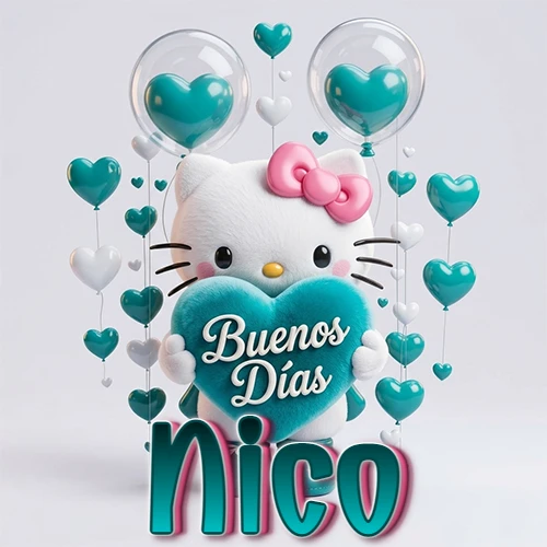 Hello Kitty abrazando un corazón turquesa grande con frase de buenos días, nombre abajo en turquesa con globos corazón. Nombre personalizado: Nico.