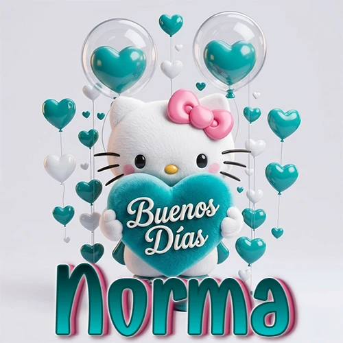 Hello Kitty abrazando un corazón turquesa grande con frase de buenos días, nombre abajo en turquesa con globos corazón. Nombre personalizado: Norma.