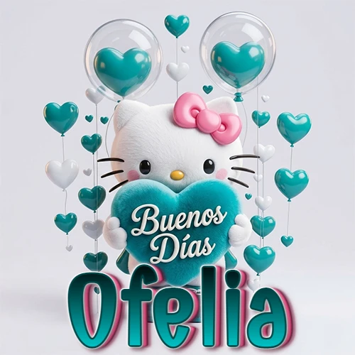 Hello Kitty abrazando un corazón turquesa grande con frase de buenos días, nombre abajo en turquesa con globos corazón. Nombre personalizado: Ofelia.