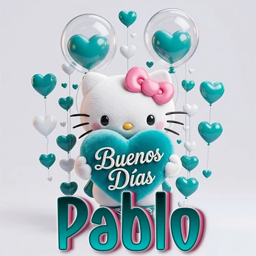 Hello Kitty abrazando un corazón turquesa grande con frase de buenos días, nombre abajo en turquesa con globos corazón. Nombre personalizado: Pablo.