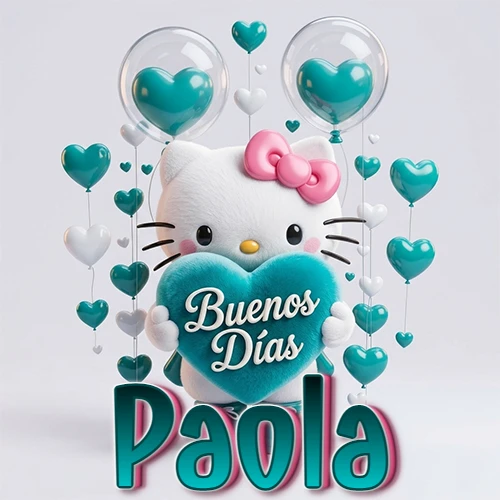 Hello Kitty abrazando un corazón turquesa grande con frase de buenos días, nombre abajo en turquesa con globos corazón. Nombre personalizado: Paola.