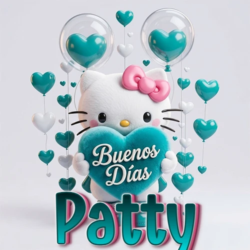 Hello Kitty abrazando un corazón turquesa grande con frase de buenos días, nombre abajo en turquesa con globos corazón. Nombre personalizado: Patty.