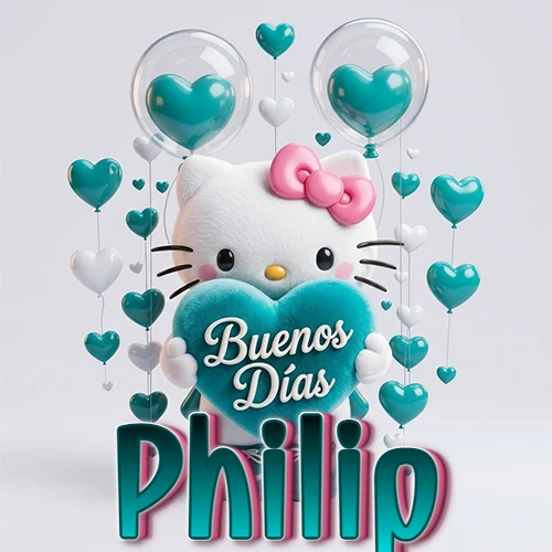 Hello Kitty abrazando un corazón turquesa grande con frase de buenos días, nombre abajo en turquesa con globos corazón. Nombre personalizado: Philip. Hello Kitty abrazando un corazón turquesa grande con frase de buenos días, nombre abajo en turquesa con globos corazón. Nombre personalizado: Philip.