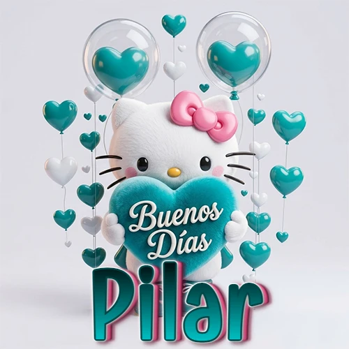 Hello Kitty abrazando un corazón turquesa grande con frase de buenos días, nombre abajo en turquesa con globos corazón. Nombre personalizado: Pilar.