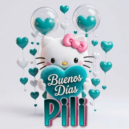 Hello Kitty abrazando un corazón turquesa grande con frase de buenos días, nombre abajo en turquesa con globos corazón. Nombre personalizado: Pili.