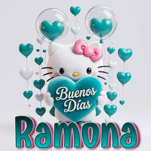 Hello Kitty abrazando un corazón turquesa grande con frase de buenos días, nombre abajo en turquesa con globos corazón. Nombre personalizado: Ramona.
