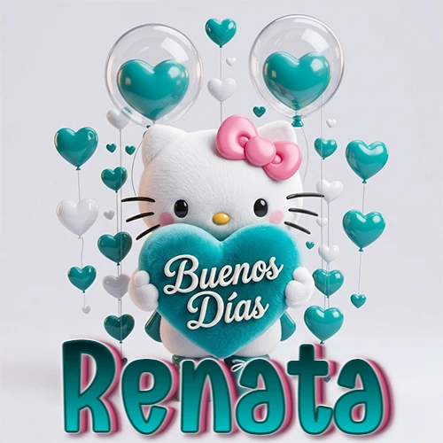Hello Kitty abrazando un corazón turquesa grande con frase de buenos días, nombre abajo en turquesa con globos corazón. Nombre personalizado: Renata.