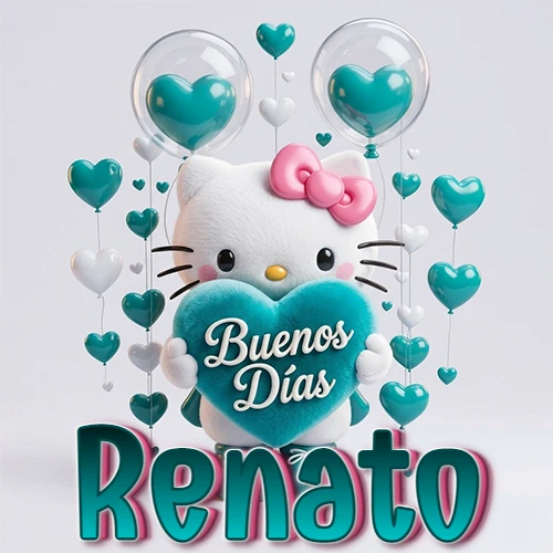 Hello Kitty abrazando un corazón turquesa grande con frase de buenos días, nombre abajo en turquesa con globos corazón. Nombre personalizado: Renato.