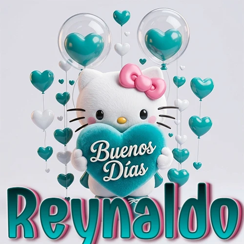 Hello Kitty abrazando un corazón turquesa grande con frase de buenos días, nombre abajo en turquesa con globos corazón. Nombre personalizado: Reynaldo.
