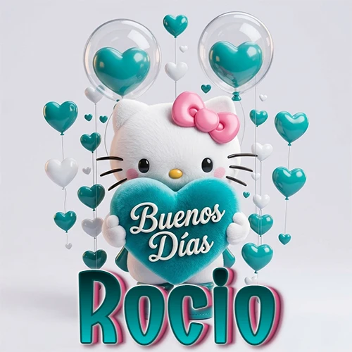 Hello Kitty abrazando un corazón turquesa grande con frase de buenos días, nombre abajo en turquesa con globos corazón. Nombre personalizado: Rocio.
