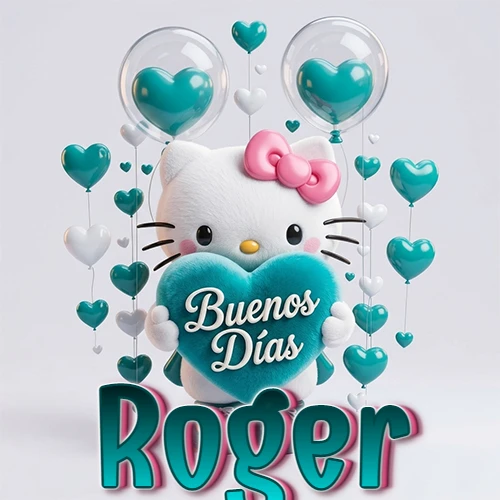 Hello Kitty abrazando un corazón turquesa grande con frase de buenos días, nombre abajo en turquesa con globos corazón. Nombre personalizado: Roger.