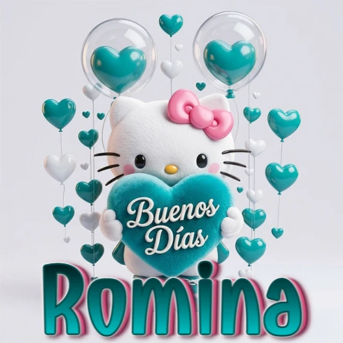 Hello Kitty abrazando un corazón turquesa grande con frase de buenos días, nombre abajo en turquesa con globos corazón. Nombre personalizado: Romina.