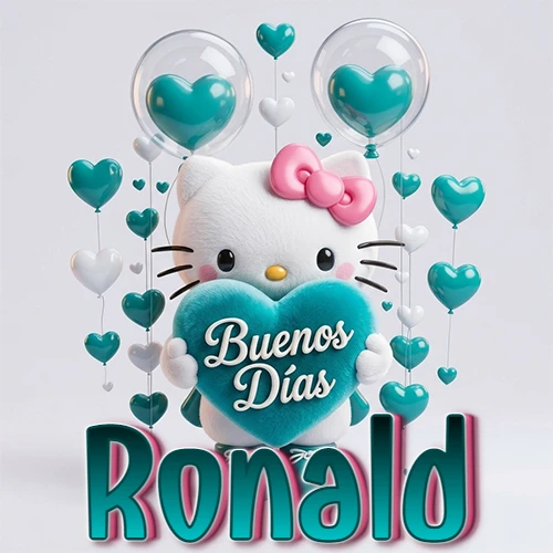 Hello Kitty abrazando un corazón turquesa grande con frase de buenos días, nombre abajo en turquesa con globos corazón. Nombre personalizado: Ronald.