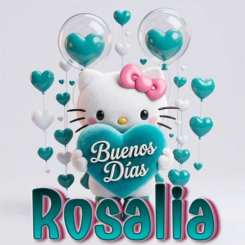 Hello Kitty abrazando un corazón turquesa grande con frase de buenos días, nombre abajo en turquesa con globos corazón. Nombre personalizado: Rosalia.
