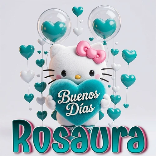 Hello Kitty abrazando un corazón turquesa grande con frase de buenos días, nombre abajo en turquesa con globos corazón. Nombre personalizado: Rosaura.