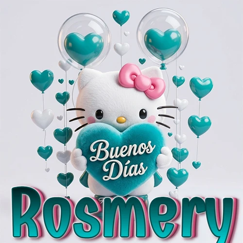 Hello Kitty abrazando un corazón turquesa grande con frase de buenos días, nombre abajo en turquesa con globos corazón. Nombre personalizado: Rosmery.