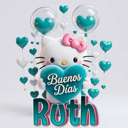 Hello Kitty abrazando un corazón turquesa grande con frase de buenos días, nombre abajo en turquesa con globos corazón. Nombre personalizado: Ruth.