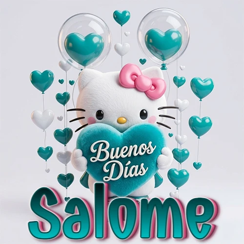 Hello Kitty abrazando un corazón turquesa grande con frase de buenos días, nombre abajo en turquesa con globos corazón. Nombre personalizado: Salome.