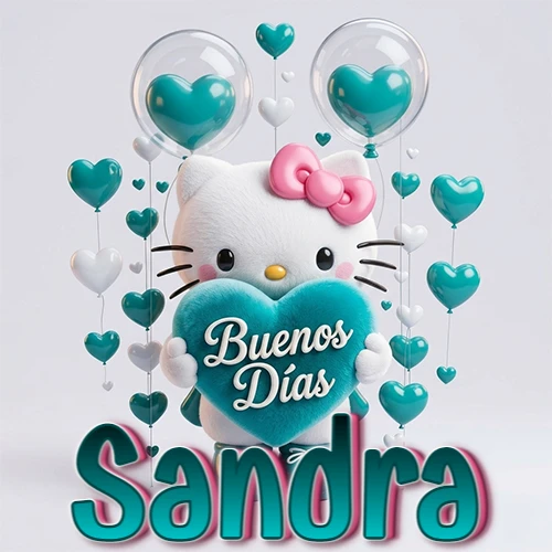 Hello Kitty abrazando un corazón turquesa grande con frase de buenos días, nombre abajo en turquesa con globos corazón. Nombre personalizado: Sandra.