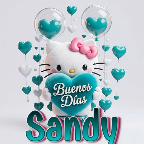 Hello Kitty abrazando un corazón turquesa grande con frase de buenos días, nombre abajo en turquesa con globos corazón. Nombre personalizado: Sandy.
