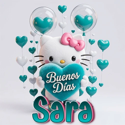 Hello Kitty abrazando un corazón turquesa grande con frase de buenos días, nombre abajo en turquesa con globos corazón. Nombre personalizado: Sara. Hello Kitty abrazando un corazón turquesa grande con frase de buenos días, nombre abajo en turquesa con globos corazón. Nombre personalizado: Sara.