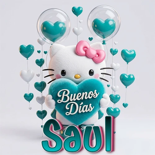 Hello Kitty abrazando un corazón turquesa grande con frase de buenos días, nombre abajo en turquesa con globos corazón. Nombre personalizado: Saul. Hello Kitty abrazando un corazón turquesa grande con frase de buenos días, nombre abajo en turquesa con globos corazón. Nombre personalizado: Saul.