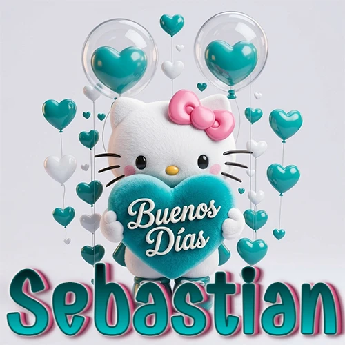 Hello Kitty abrazando un corazón turquesa grande con frase de buenos días, nombre abajo en turquesa con globos corazón. Nombre personalizado: Sebastian. Hello Kitty abrazando un corazón turquesa grande con frase de buenos días, nombre abajo en turquesa con globos corazón. Nombre personalizado: Sebastian.