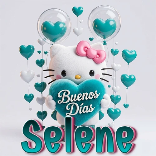 Hello Kitty abrazando un corazón turquesa grande con frase de buenos días, nombre abajo en turquesa con globos corazón. Nombre personalizado: Selene.