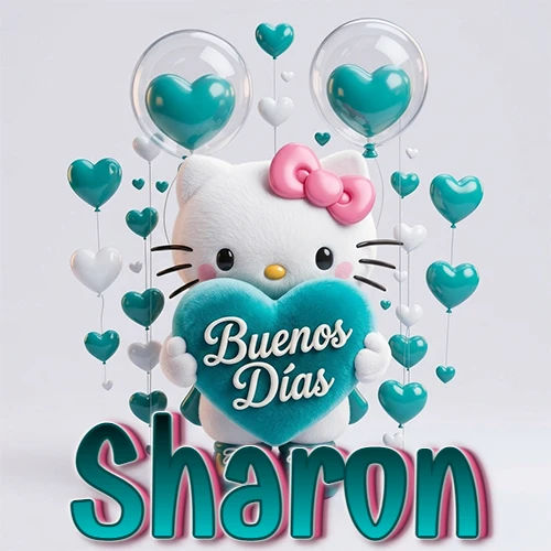 Hello Kitty abrazando un corazón turquesa grande con frase de buenos días, nombre abajo en turquesa con globos corazón. Nombre personalizado: Sharon.