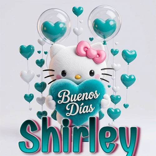 Hello Kitty abrazando un corazón turquesa grande con frase de buenos días, nombre abajo en turquesa con globos corazón. Nombre personalizado: Shirley.