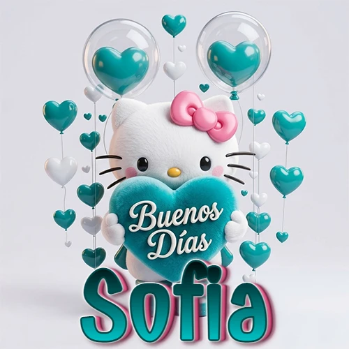 Hello Kitty abrazando un corazón turquesa grande con frase de buenos días, nombre abajo en turquesa con globos corazón. Nombre personalizado: Sofia. Hello Kitty abrazando un corazón turquesa grande con frase de buenos días, nombre abajo en turquesa con globos corazón. Nombre personalizado: Sofia.