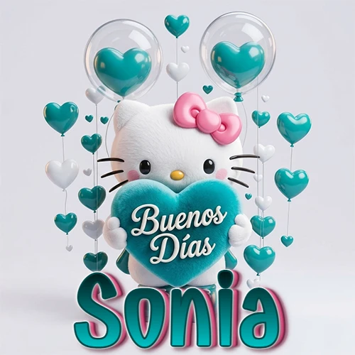 Hello Kitty abrazando un corazón turquesa grande con frase de buenos días, nombre abajo en turquesa con globos corazón. Nombre personalizado: Sonia. Hello Kitty abrazando un corazón turquesa grande con frase de buenos días, nombre abajo en turquesa con globos corazón. Nombre personalizado: Sonia.