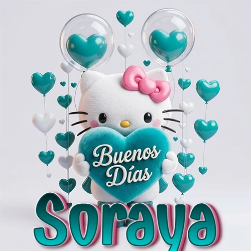 Hello Kitty abrazando un corazón turquesa grande con frase de buenos días, nombre abajo en turquesa con globos corazón. Nombre personalizado: Soraya. Hello Kitty abrazando un corazón turquesa grande con frase de buenos días, nombre abajo en turquesa con globos corazón. Nombre personalizado: Soraya.