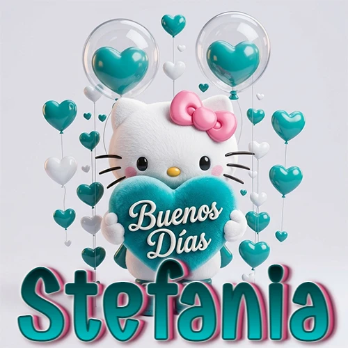 Hello Kitty abrazando un corazón turquesa grande con frase de buenos días, nombre abajo en turquesa con globos corazón. Nombre personalizado: Stefania.