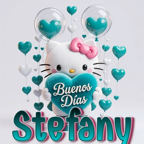 Hello Kitty abrazando un corazón turquesa grande con frase de buenos días, nombre abajo en turquesa con globos corazón. Nombre personalizado: Stefany.