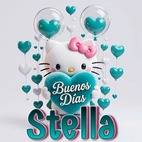 Hello Kitty abrazando un corazón turquesa grande con frase de buenos días, nombre abajo en turquesa con globos corazón. Nombre personalizado: Stella.