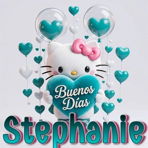 Hello Kitty abrazando un corazón turquesa grande con frase de buenos días, nombre abajo en turquesa con globos corazón. Nombre personalizado: Stephanie.