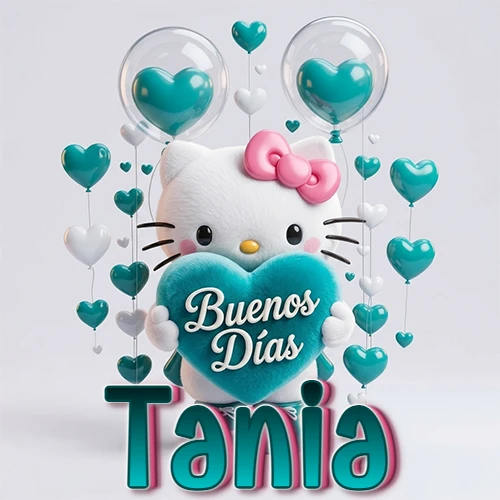 Hello Kitty abrazando un corazón turquesa grande con frase de buenos días, nombre abajo en turquesa con globos corazón. Nombre personalizado: Tania. Hello Kitty abrazando un corazón turquesa grande con frase de buenos días, nombre abajo en turquesa con globos corazón. Nombre personalizado: Tania.