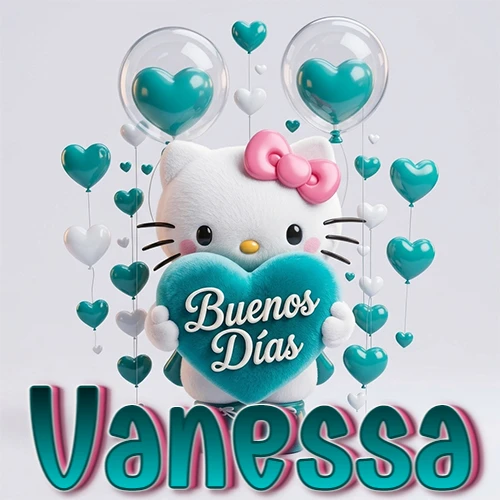Hello Kitty abrazando un corazón turquesa grande con frase de buenos días, nombre abajo en turquesa con globos corazón. Nombre personalizado: Vanessa.
