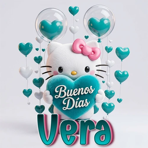 Hello Kitty abrazando un corazón turquesa grande con frase de buenos días, nombre abajo en turquesa con globos corazón. Nombre personalizado: Vera.