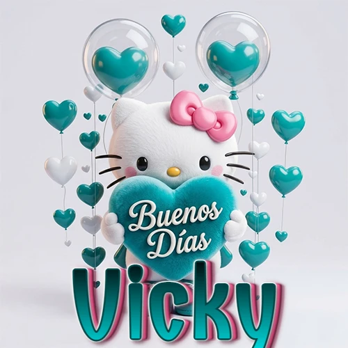 Hello Kitty abrazando un corazón turquesa grande con frase de buenos días, nombre abajo en turquesa con globos corazón. Nombre personalizado: Vicky. Hello Kitty abrazando un corazón turquesa grande con frase de buenos días, nombre abajo en turquesa con globos corazón. Nombre personalizado: Vicky.
