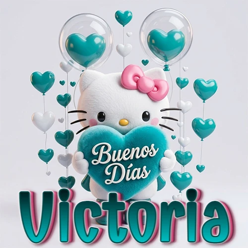 Hello Kitty abrazando un corazón turquesa grande con frase de buenos días, nombre abajo en turquesa con globos corazón. Nombre personalizado: Victoria.