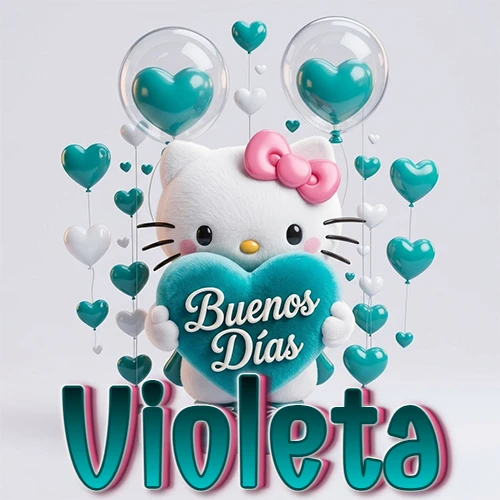 Hello Kitty abrazando un corazón turquesa grande con frase de buenos días, nombre abajo en turquesa con globos corazón. Nombre personalizado: Violeta.