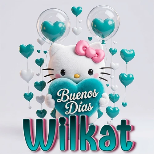 Hello Kitty abrazando un corazón turquesa grande con frase de buenos días, nombre abajo en turquesa con globos corazón. Nombre personalizado: Wilkat.