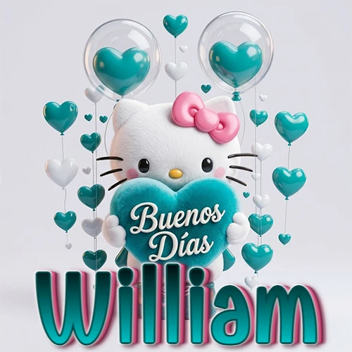 Hello Kitty abrazando un corazón turquesa grande con frase de buenos días, nombre abajo en turquesa con globos corazón. Nombre personalizado: William.
