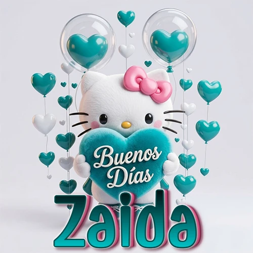 Hello Kitty abrazando un corazón turquesa grande con frase de buenos días, nombre abajo en turquesa con globos corazón. Nombre personalizado: Zaida.
