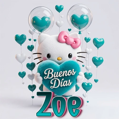 Hello Kitty abrazando un corazón turquesa grande con frase de buenos días, nombre abajo en turquesa con globos corazón. Nombre personalizado: Zoe.