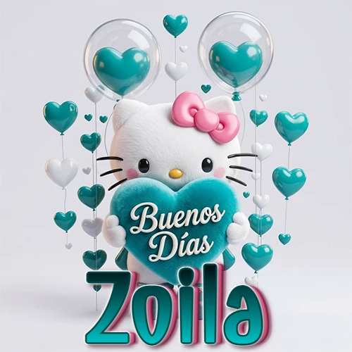 Hello Kitty abrazando un corazón turquesa grande con frase de buenos días, nombre abajo en turquesa con globos corazón. Nombre personalizado: Zoila.