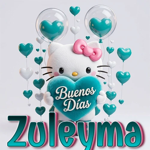 Hello Kitty abrazando un corazón turquesa grande con frase de buenos días, nombre abajo en turquesa con globos corazón. Nombre personalizado: Zuleyma. Hello Kitty abrazando un corazón turquesa grande con frase de buenos días, nombre abajo en turquesa con globos corazón. Nombre personalizado: Zuleyma.