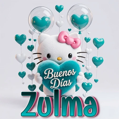 Hello Kitty abrazando un corazón turquesa grande con frase de buenos días, nombre abajo en turquesa con globos corazón. Nombre personalizado: Zulma.